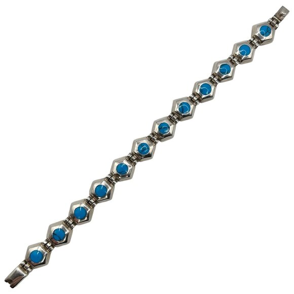 Taxco Mexico 925 Sterling Silver and Turquoise 4.2mm Hexagon Link Bracelet - 8" - Picture 3 of 5